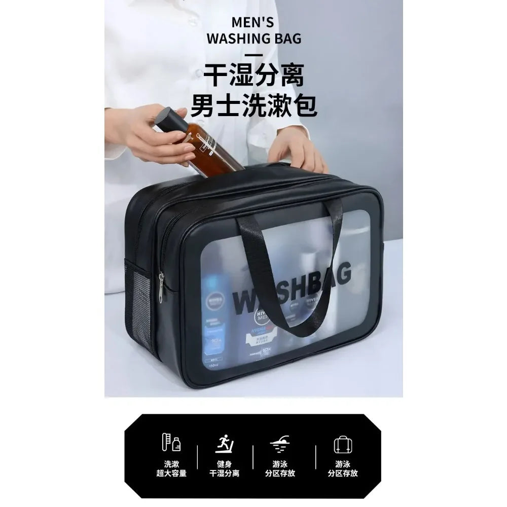 Double transparent PU makeup bag by Blushimmer, portable waterproof storage for cosmetics, travel, and swimming essentials