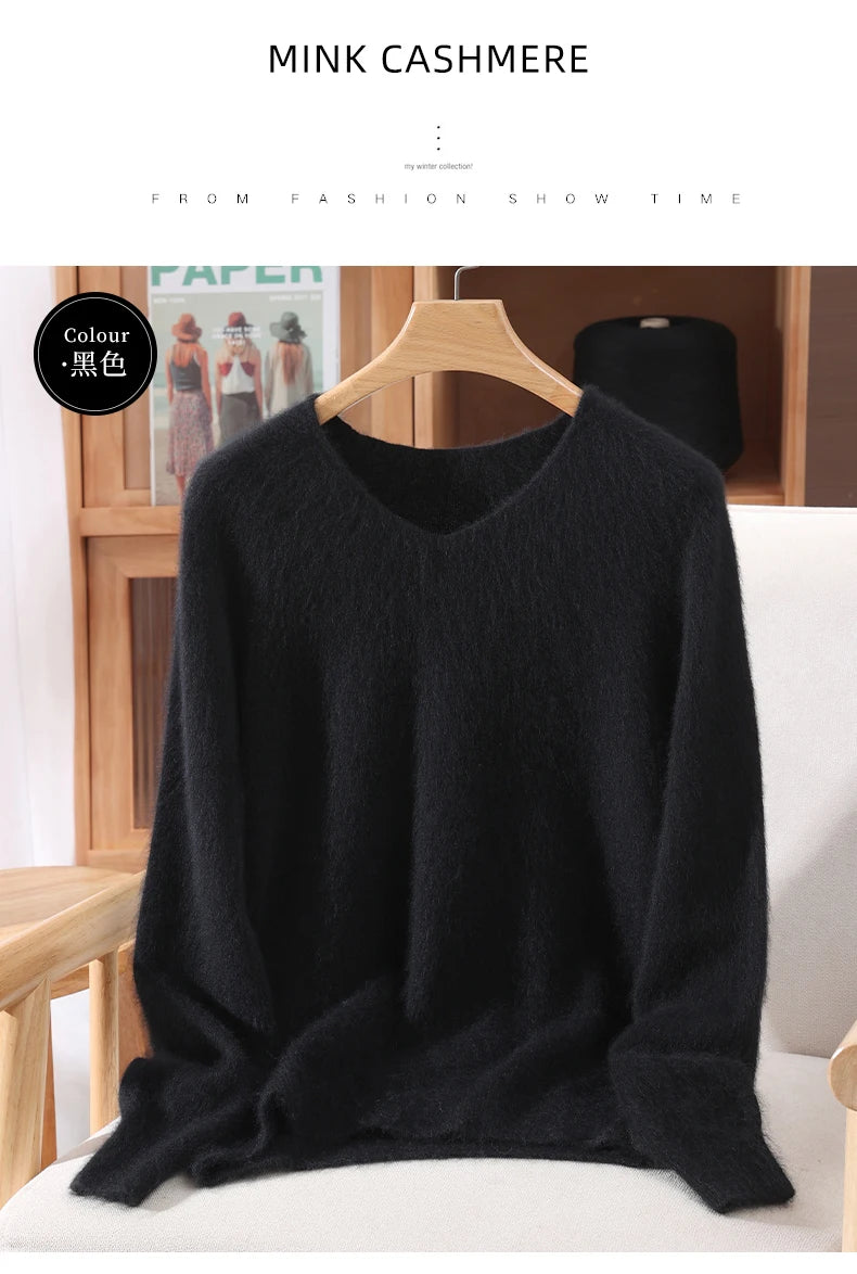Autumn And Winter New High-End Female Mink Cashmere Sweater Solid Color Long-Sleeved Wool Knit Bottoming Sweater Loose Top