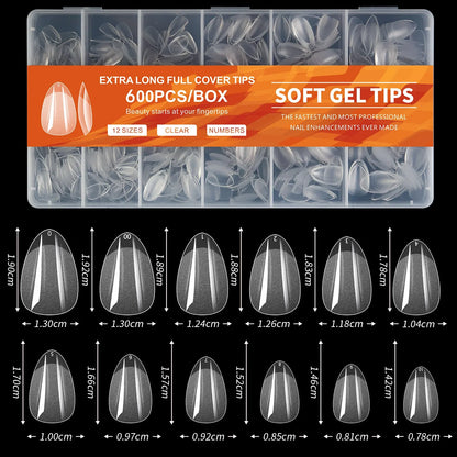 Blushimmer short almond soft gel nail tips in a pack of 100/600, full cover false nails for acrylic and press-on manicures.