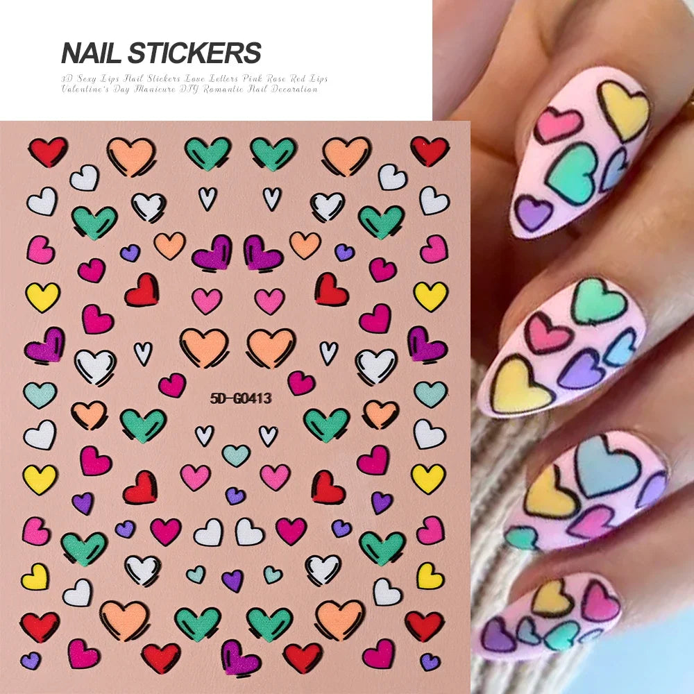 Red lips and love heart nail decal stickers by Blushimmer for Valentine's Day, featuring self-adhesive, romantic nail art designs.
