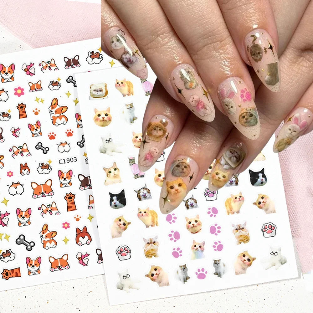 Cute cat and dog nail decals by Blushimmer featuring 3D cartoon animal designs and self-adhesive puppy and kitty nail art stickers.