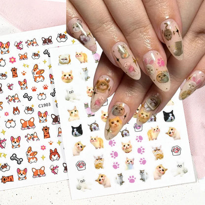 Cute cat and dog nail decals by Blushimmer featuring 3D cartoon animal designs and self-adhesive puppy and kitty nail art stickers.