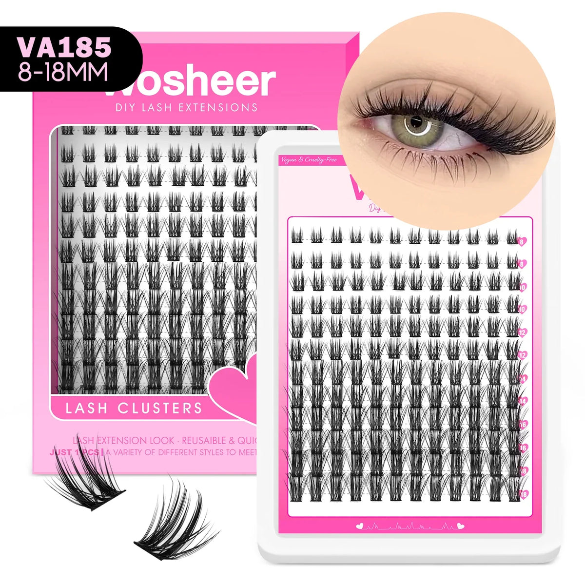 Blushimmer WOSHEER eyelash clusters kit with faux mink lashes, lash bond, seal, and remover for DIY eyelash extensions.