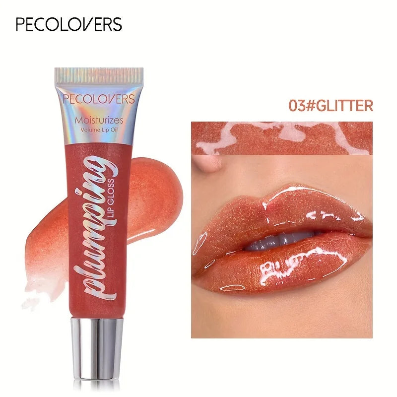 Blushimmer glitter moisturizing fruit lip gloss tube with transparent tint and soft applicator for fuller, shiny lips.