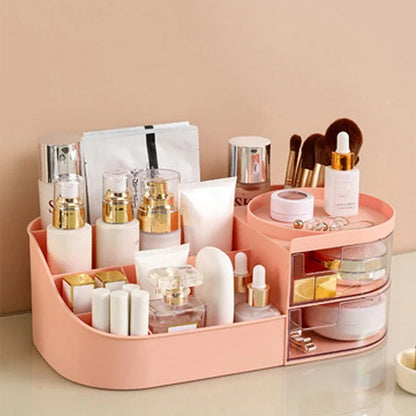 Blushimmer cosmetic storage box with drawer, desktop organizer for lipsticks, brushes, and skincare products on a countertop.