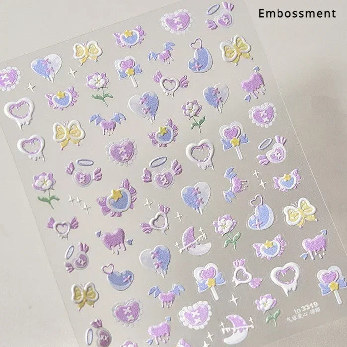 Colorful Cat's Eye 5D gradient European love heart gem nail art stickers with wing and geometric designs for manicure decoration.