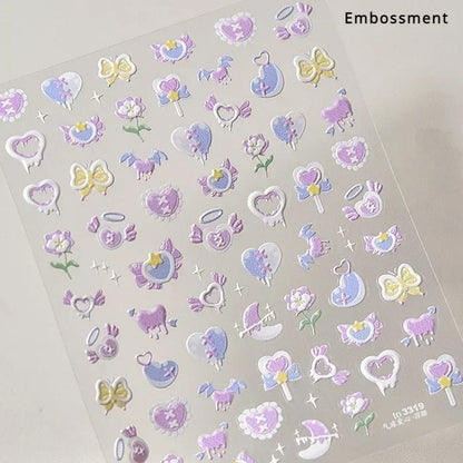 Colorful Cat's Eye 5D gradient European love heart gem nail art stickers with wing and geometric designs for manicure decoration.