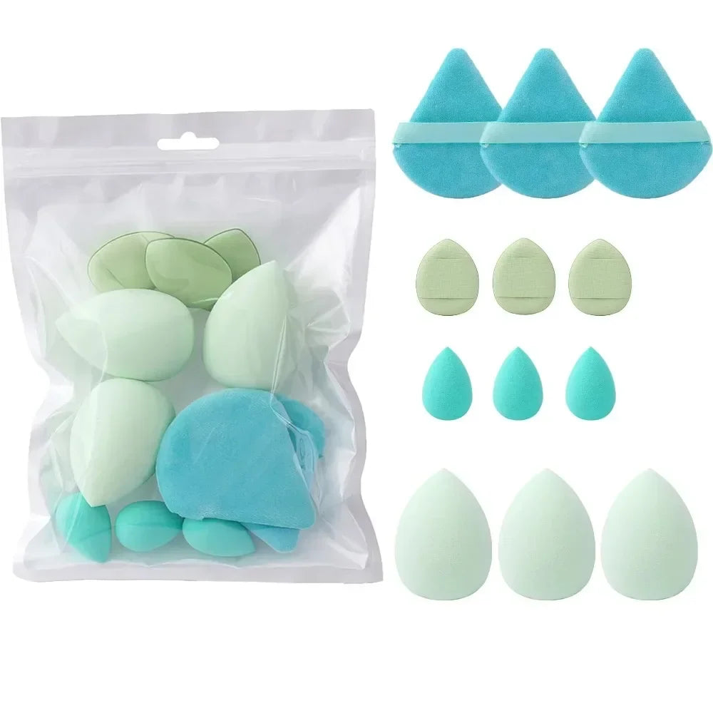 Blushimmer 12-piece makeup sponge set with powder puffs, mini air cushion puffs, beauty eggs, and mini beauty blenders.