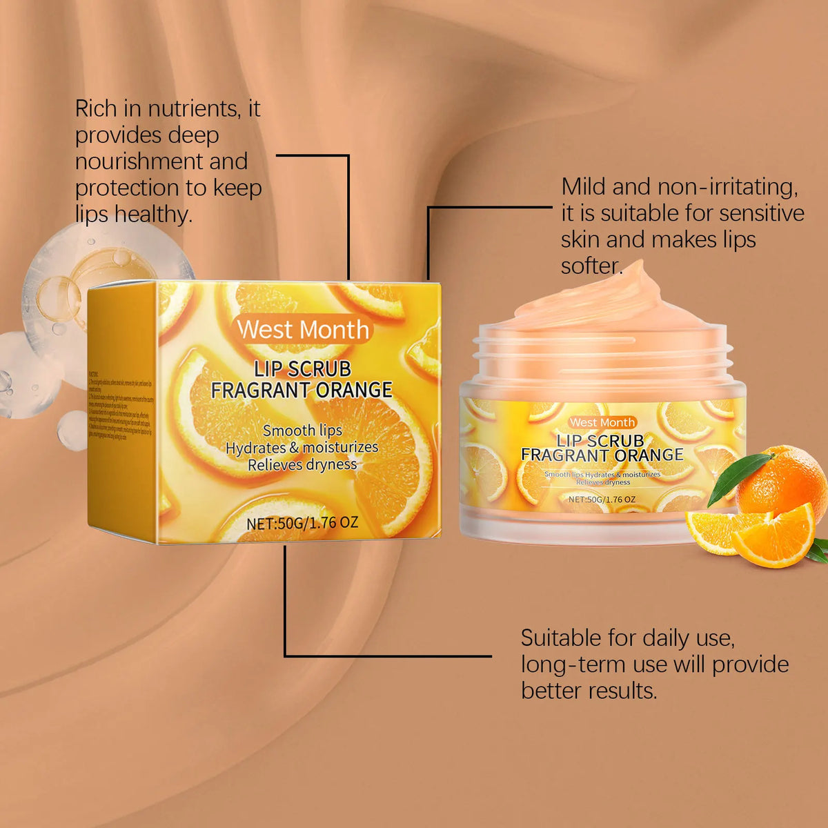 Blushimmer orange lip scrub with exfoliating and hydrating properties to remove dead skin and brighten lips.