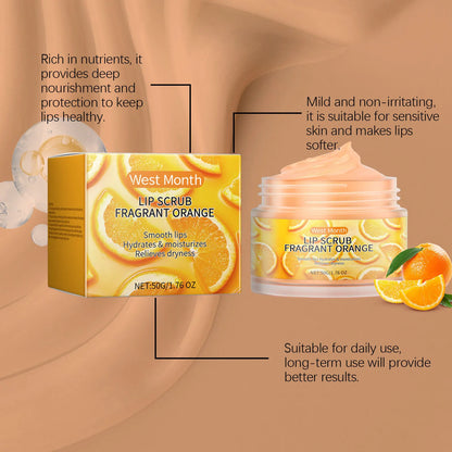 Blushimmer orange lip scrub with exfoliating and hydrating properties to remove dead skin and brighten lips.