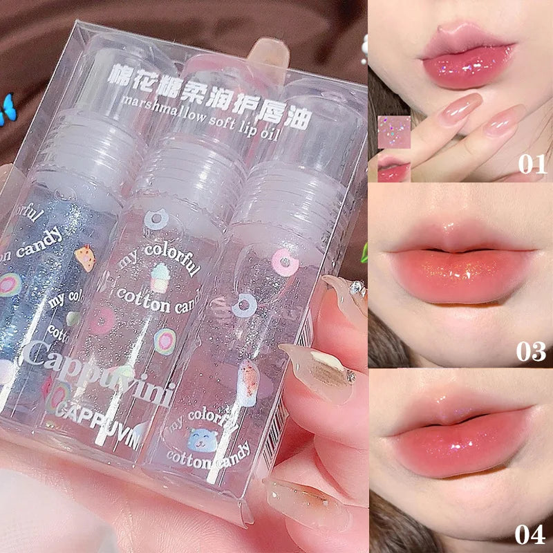 Set of three Blushimmer transparent glitter lip glosses with water-light finish, color-changing, moisturizing lip oils, and jelly lipsticks.