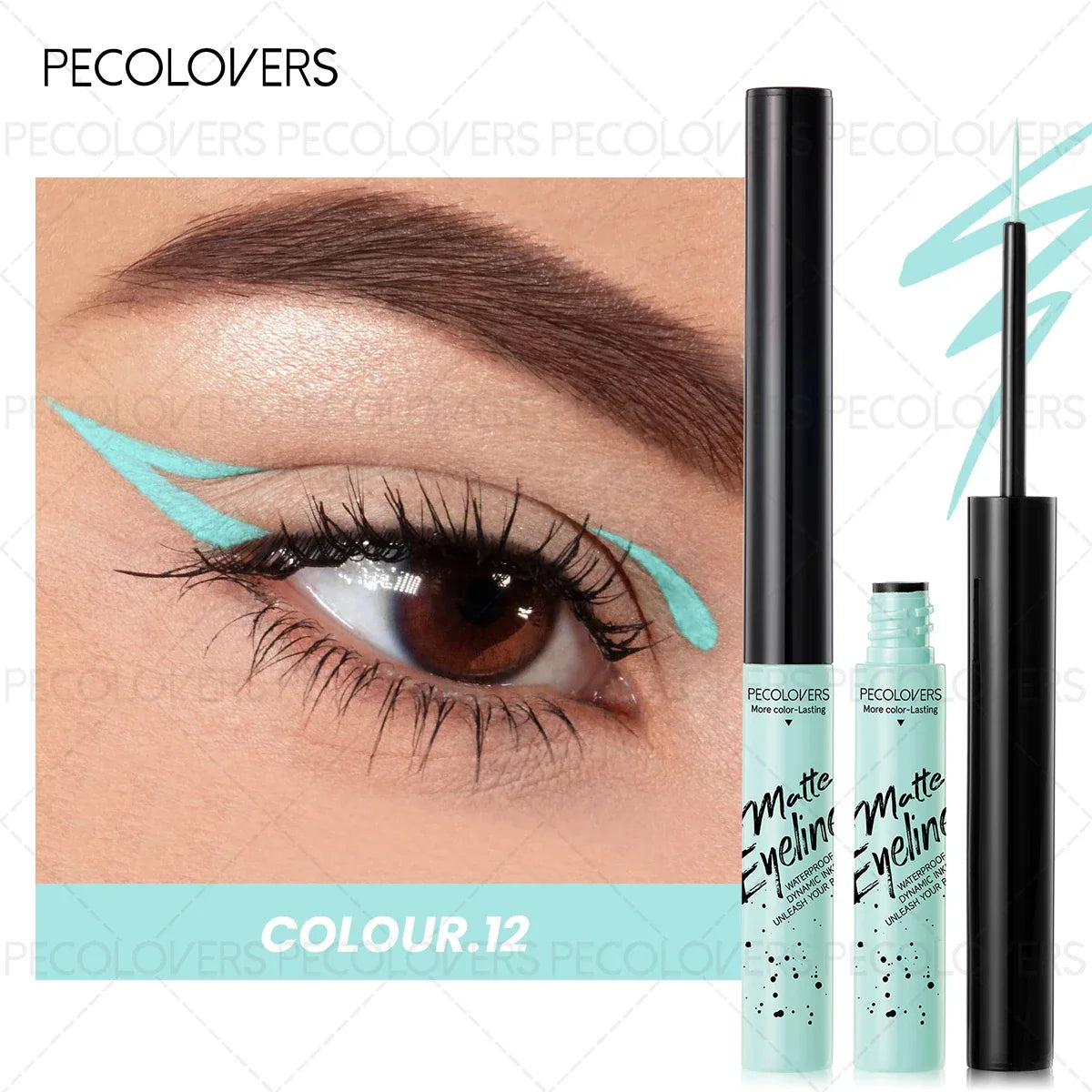 Colorful liquid waterproof eyeliner by Blushimmer with precise tip, vibrant color, quick-drying formula, perfect for holiday parties.