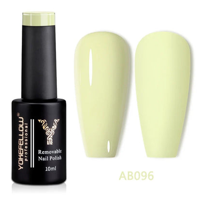 YOKEFELLOW 10ml translucent pink gel nail polish by Blushimmer, showing the smooth, glossy finish of the soak-off UV gel varnish.