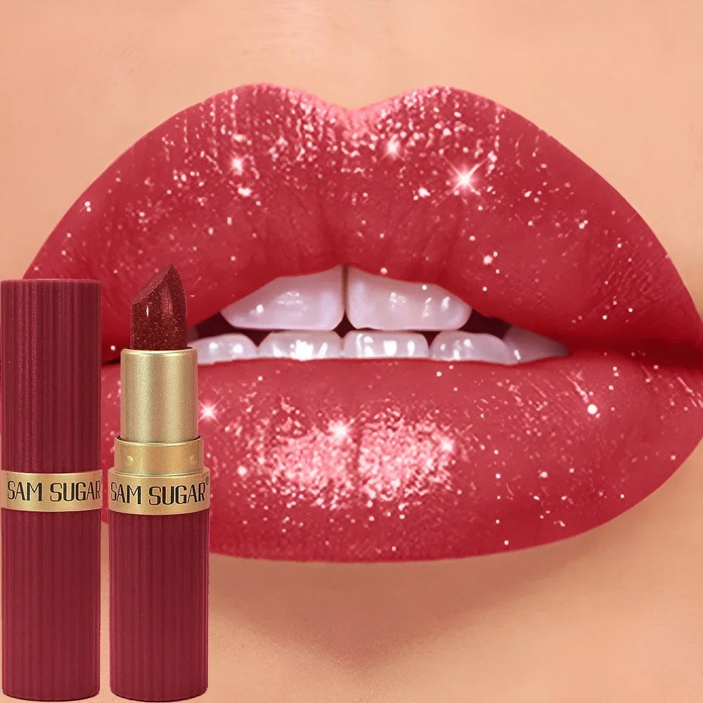 Blushimmer chocolate brown metallic glitter lipstick with shimmery pearl finish, long-lasting waterproof lip gloss for a sparkling look