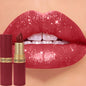 Blushimmer chocolate brown metallic glitter lipstick with shimmery pearl finish, long-lasting waterproof lip gloss for a sparkling look