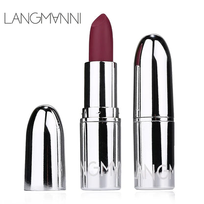 Blushimmer Langmani silver tube matte lipstick in various shades, non-staying cup makeup lipstick, displayed in a sleek silver tube