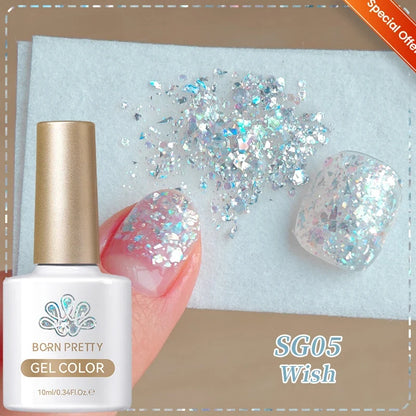 Silver carat glitter gel nail polish by Blushimmer with sparkling reflective shine, ideal for UV nail art and soak-off gel manicures.