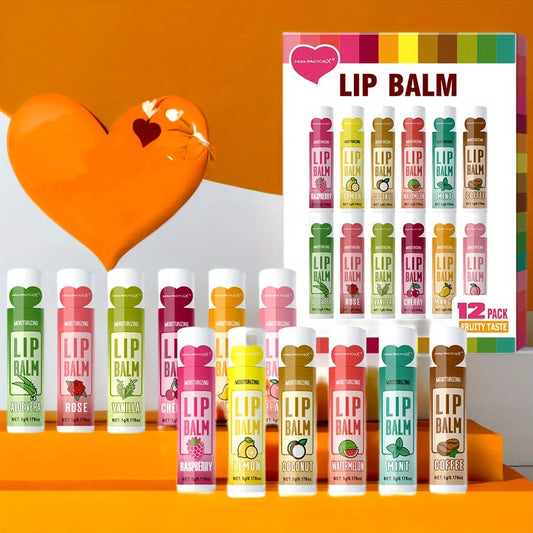 Set of 12 Blushimmer lip balms, 5g each, featuring deep moisturizing, long-lasting hydration, and exfoliating properties for smooth lips.