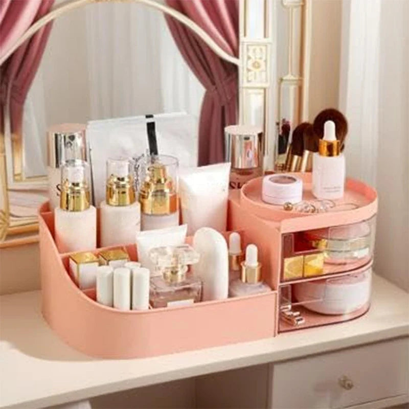 Blushimmer cosmetic storage box with drawer for lipstick, brushes, and skincare items, desktop organizer for makeup and beauty products