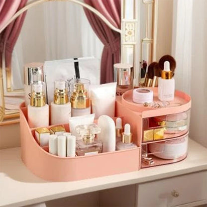 Blushimmer cosmetic storage box with drawer for lipstick, brushes, and skincare items, desktop organizer for makeup and beauty products