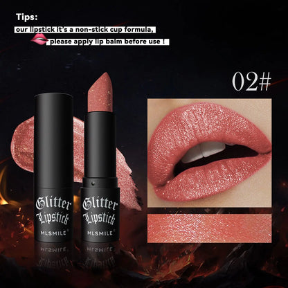 Blushimmer 7Colors glitter lipstick with waterproof, long-lasting diamond pearlescent metallic finish on lips.