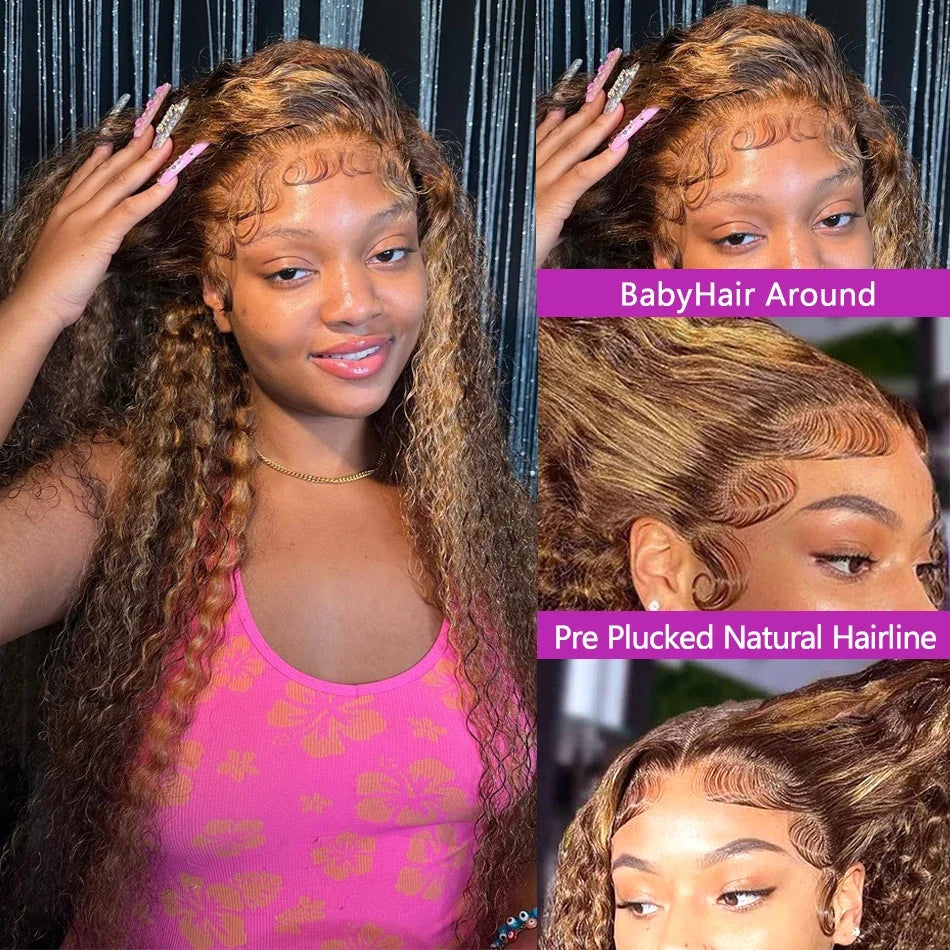 Selvanelle 30-inch honey brown curly lace front human hair wig with deep wave, 13x6 lace frontal, 250 density, ombre color