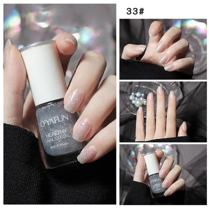 Blushimmer no-bake nail polish with glitter sequins, quick dry UV varnish, and nail art tools for easy at-home nail designs.