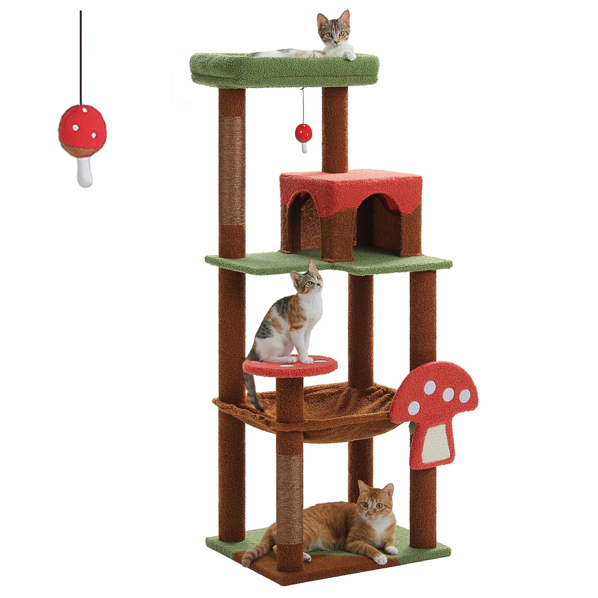 Multi-level Aiwang Pet Products cat tree with scratching posts, hammock, and large condo for indoor cats, featuring a mushroom-shaped perch.