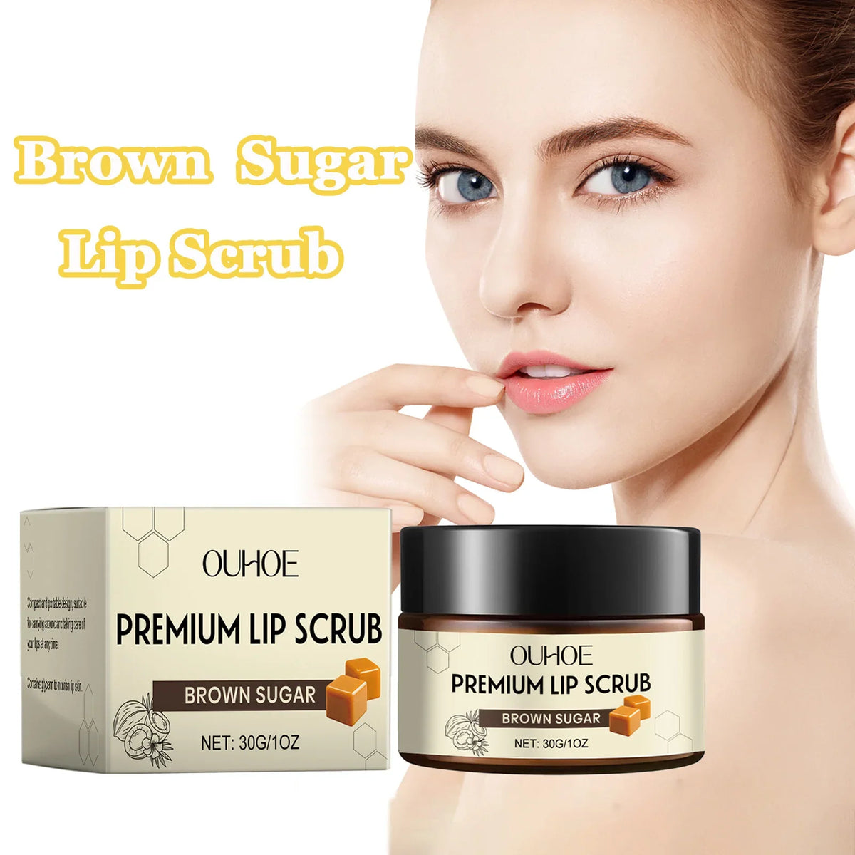 Blushimmer brown sugar lip scrub with exfoliating texture, moisturizing and nourishing dry, chapped lips in a 30g jar.