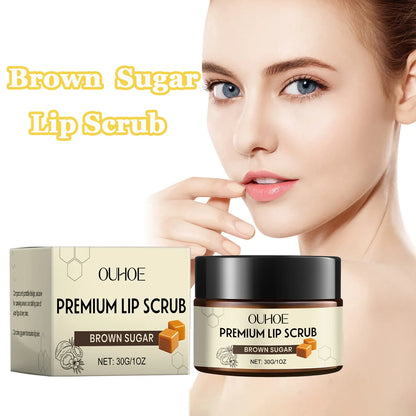 Blushimmer brown sugar lip scrub with exfoliating texture, moisturizing and nourishing dry, chapped lips in a 30g jar.
