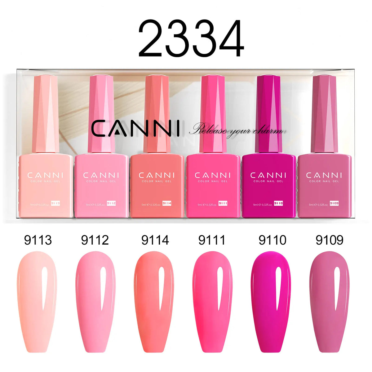 Blushimmer CANNI HEMA FREE nail gel polish set with six 9ml bottles in vibrant, semi-permanent colors for UV and LED gel nails.