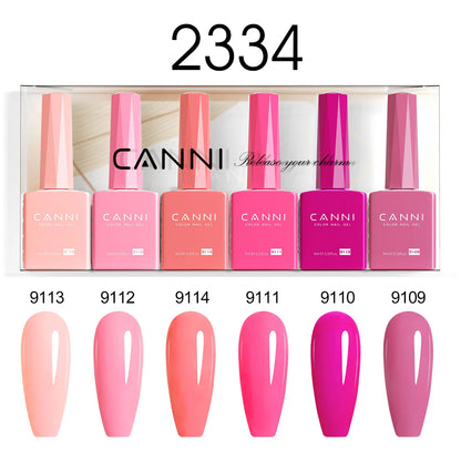 Blushimmer CANNI HEMA FREE nail gel polish set with six 9ml bottles in vibrant, semi-permanent colors for UV and LED gel nails.