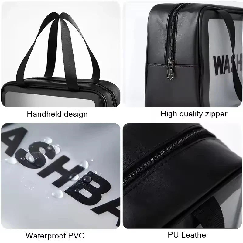 Transparent waterproof travel wash bag by Blushimmer, large capacity cosmetic organizer with multiple compartments for women.