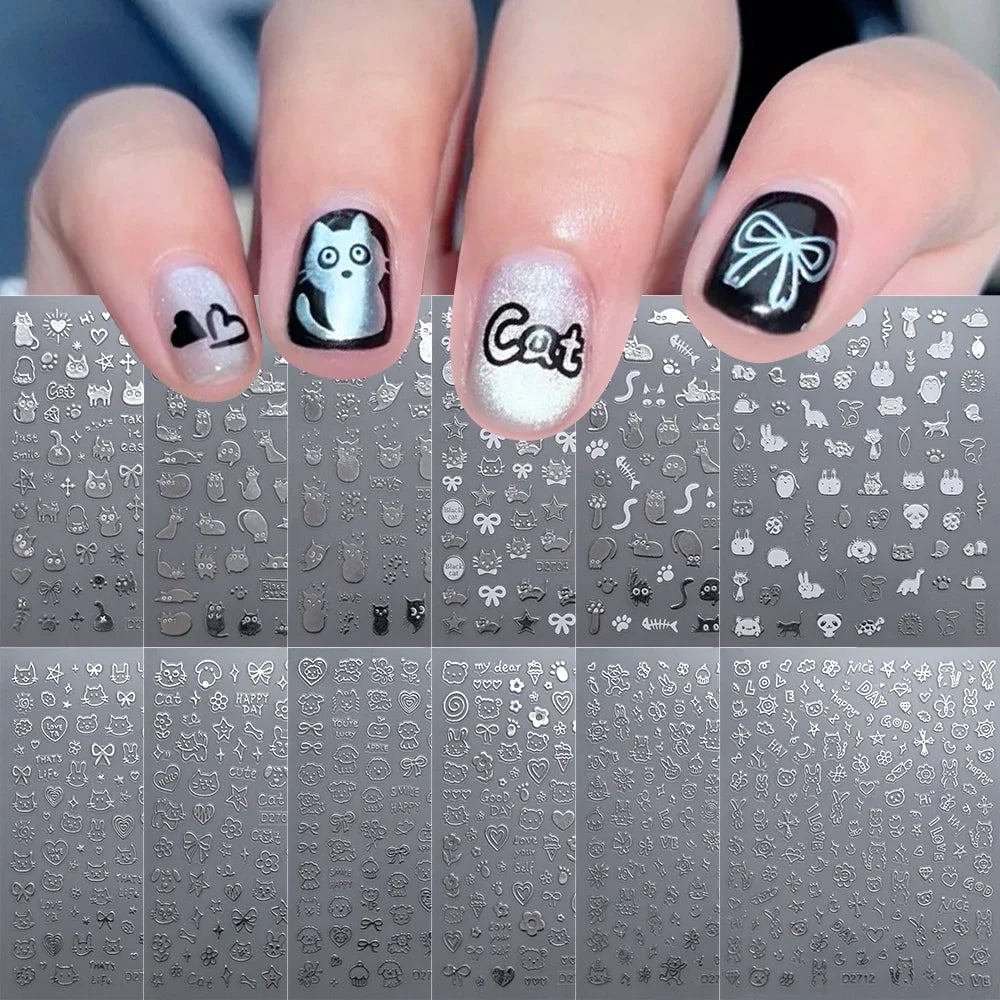 Black cat nail stickers set by Blushimmer featuring cartoon puppy and kitten nail art decals for kids' manicures.
