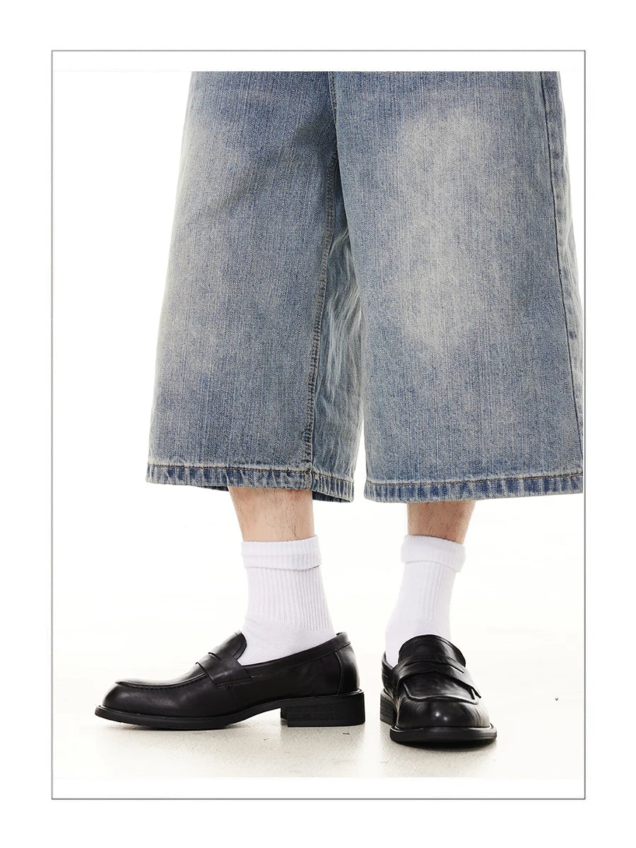 Elegant slip in loafers for men classic commuting square toe genuine cowhide derby formal dress leather shoes