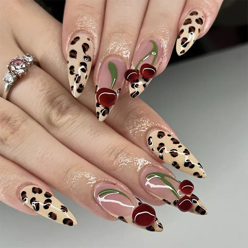 Blushimmer 3D bowknot pearl nail art set with leopard and French nude designs on almond-shaped false press-on nails.