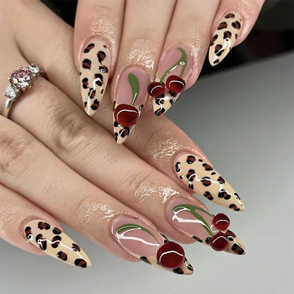 Blushimmer 3D bowknot pearl nail art set with leopard and French nude designs on almond-shaped false press-on nails.
