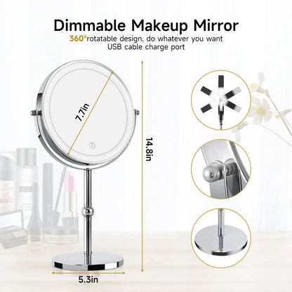 Blushimmer lighted makeup mirror with bright LED lights, 1x/10x magnification, touch control, rechargeable, tabletop vanity mirror.