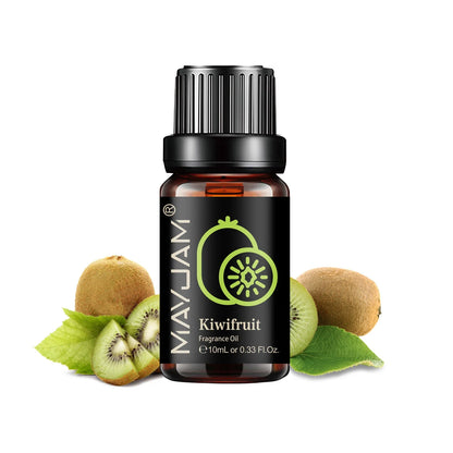 Blushimmer MAYJAM fruit essential oil bottle with cherry, banana, papaya, grape, litchi, guava, kiwifruit, pear, and fig fragrances.