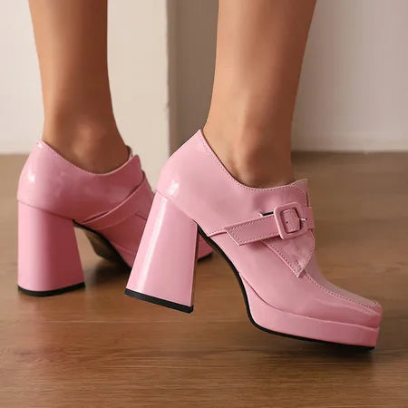NASBAVI Ladies Pumps Square Toe Block Heels 9.5cm Platform 2cm Belt Buckle Plus Size 46 47 48 Fashion Dating Party Women Shoes