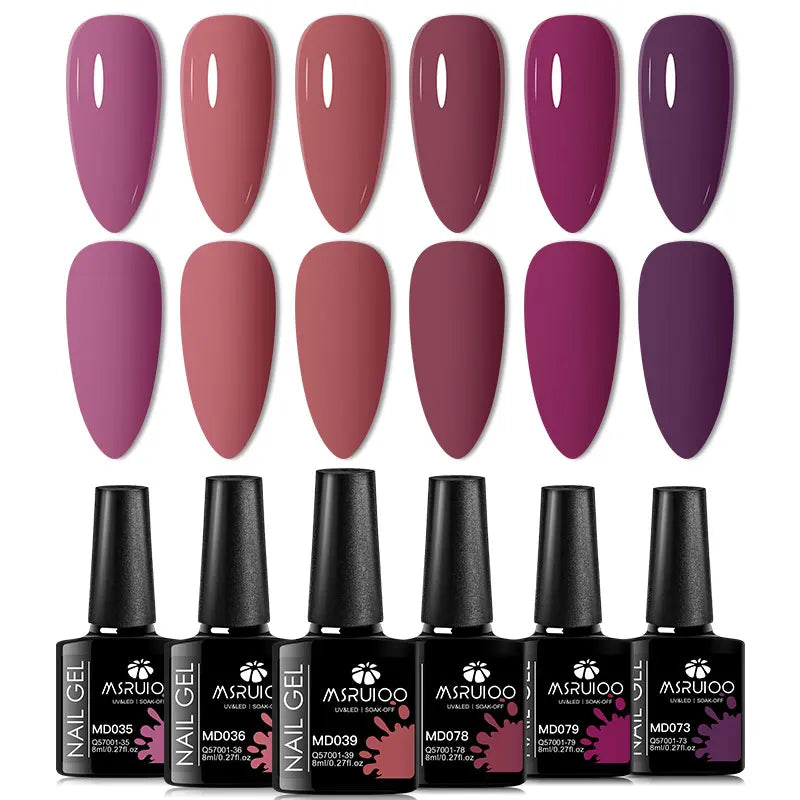 Blushimmer 6-piece nail gel polish set with vibrant, semi-permanent UV gels for all-season manicure and nail art design.