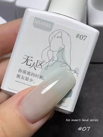 Blushimmer MIANEL Japanese-style fairy gel nail polish in white, pink, and nude shades, featuring a clear ice finish for summer nails.