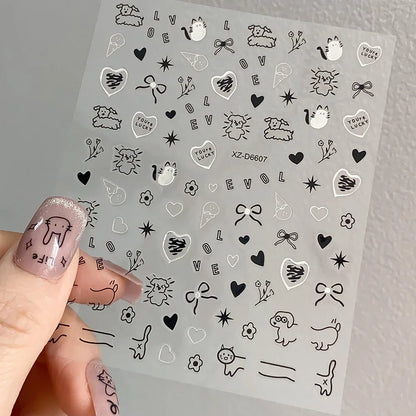 Set of 12 cartoon dog and cat nail art stickers by Blushimmer, featuring 3D graffiti designs on self-adhesive decals.
