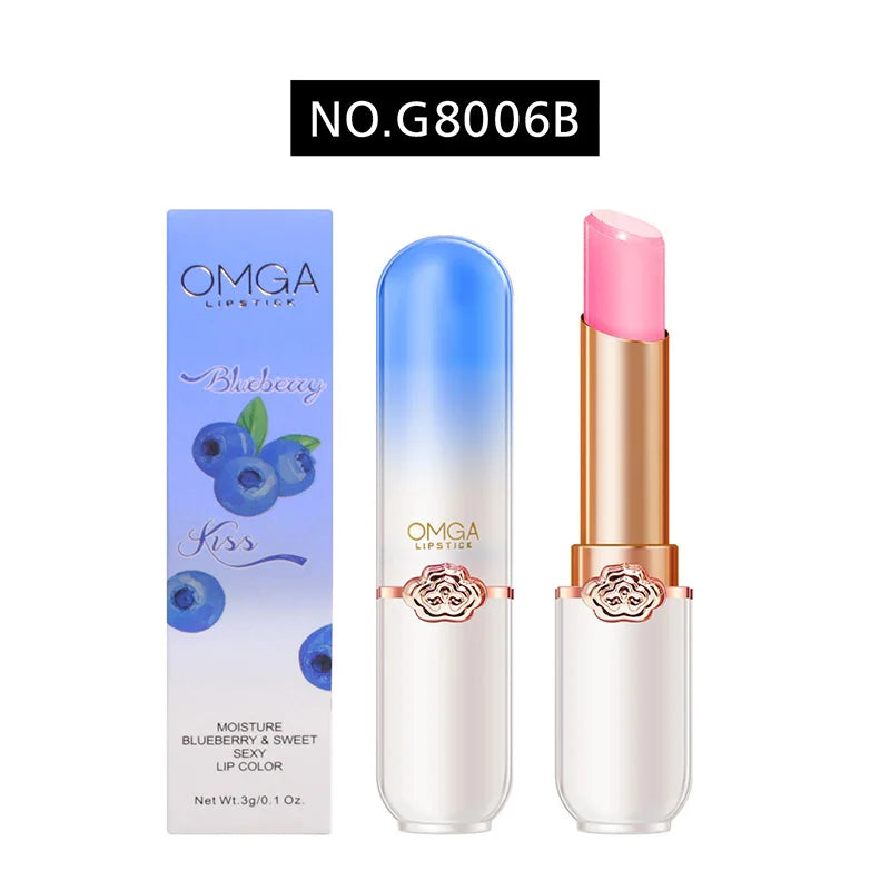 Blushimmer OMGA color-changing lip balm in peach flavor, moisturizing and waterproof jelly lipstick for smooth, hydrating lips.