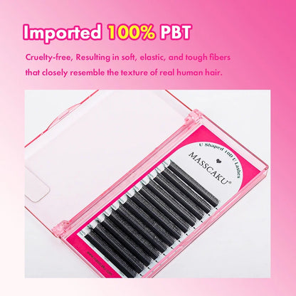 Blushimmer MASSCAKU U-shaped 3D 4D 5D eyelash extensions with C and D curl, natural mink false eyelashes on a white background.