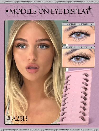 Blushimmer GROINNEYA half lashes with soft, natural faux mink wispy design and clear band for a subtle, natural eyelash extension look.