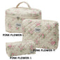 Cute quilted cotton makeup bag by Blushimmer, zipper closure, portable cosmetic organizer with cloth hand handle and box shape design.