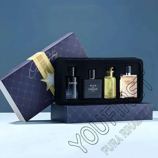 Blushimmer luxury men's perfume set with four 100ml floral, fruity colognes in gift box, natural scents for men.