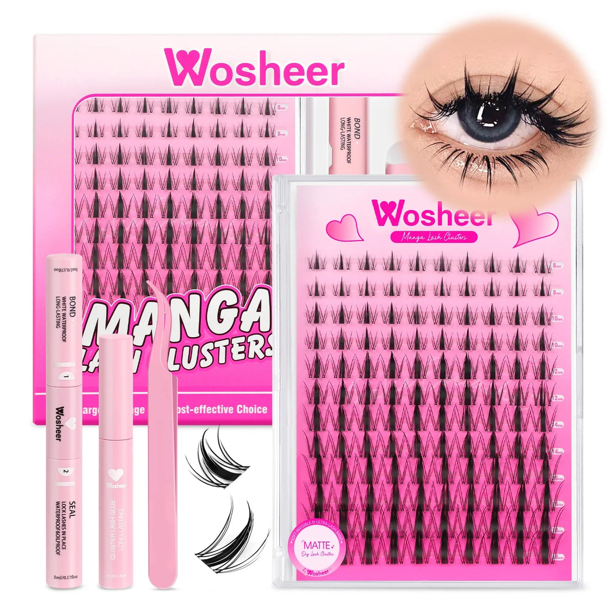 Blushimmer WOSHEER eyelash clusters kit with faux mink individual lashes, lash bond, seal, and remover for DIY eyelash extensions.