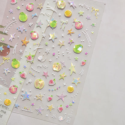 Close-up of Blushimmer cherry-shaped 5D nail art stickers with shiny rhinestones and crystal accents, perfect for DIY manicure decoration.